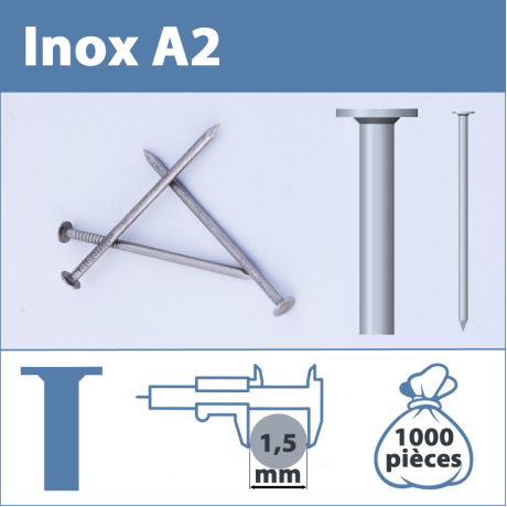 Pointe Inox A2 (304L) 1,5 X 14 mm  tête plate lisse  1000 pièces