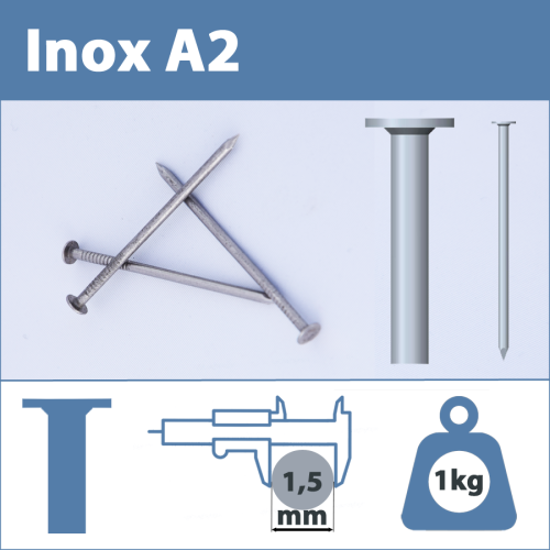 Pointe Inox A2 (304L) 1,5 X 30 mm  tête plate lisse  1kg