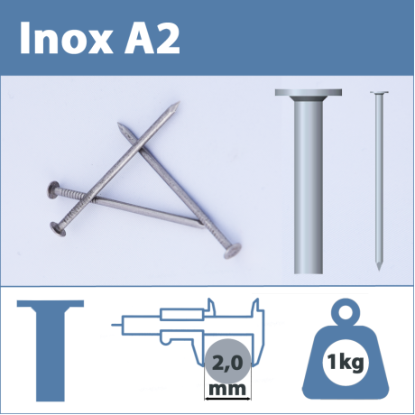 Pointe Inox A2 (304L) 2.0 X 35 mm  tête plate lisse  1kg